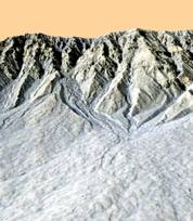 A 3d representation of gullies in Galap crater on Mars.  Photo credit: NASA/JPL/UofA/OpenUni